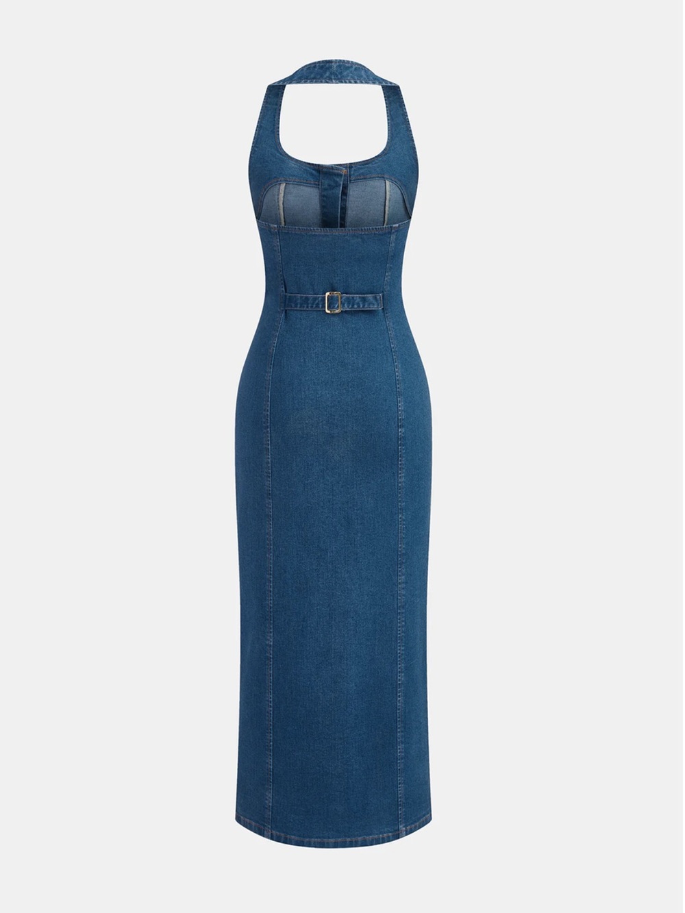 Commense Denim Button-Front Halter Maxi Dress - Blue - Picture 5 of 7